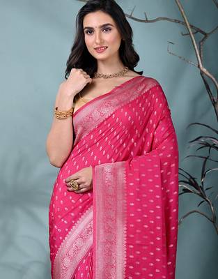 elegant pink georgette saree with intricate silver zari work 5