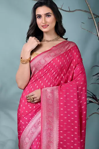 elegant pink georgette saree with intricate silver zari work