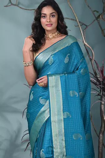 elegant sky blue silk blend saree with intricate brocade work