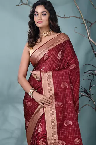 elegant maroon silk blend saree with intricate brocade work