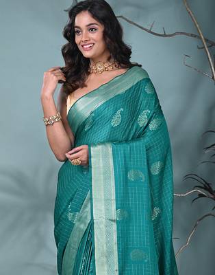 elegant teal silk blend saree with intricate brocade work 5