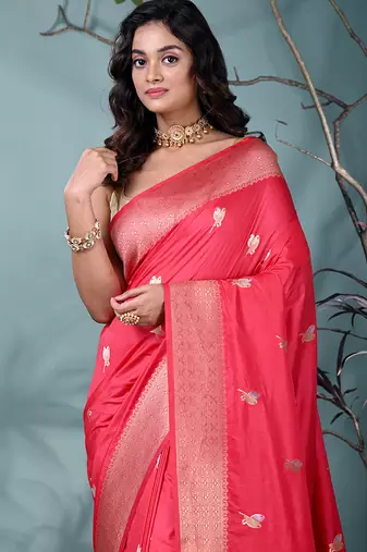 graceful punch pink silk blend blend saree with intricate zari work