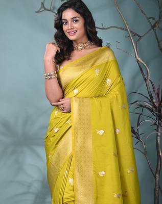 graceful lime green silk blend blend saree with intricate zari work 5