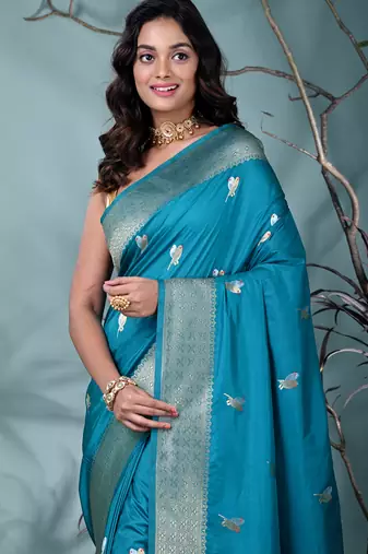 graceful sky blue silk blend blend saree with intricate zari work