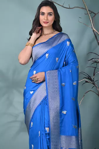 graceful sky blue silk blend blend saree with intricate zari work