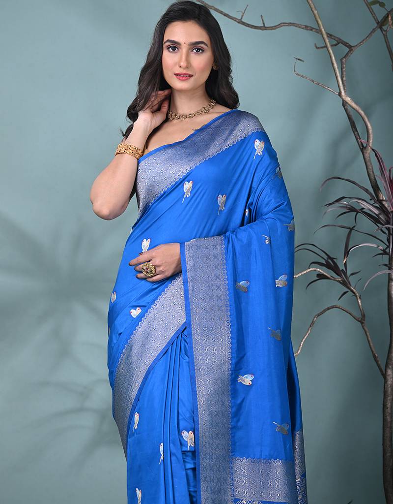 graceful sky blue silk blend blend saree with intricate zari work