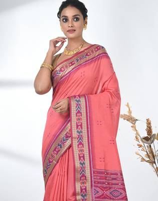 elegant pink tussar silk blend saree with sambhal puri ikat border 5