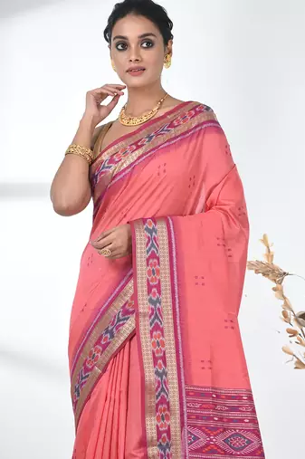 elegant pink tussar silk blend saree with sambhal puri ikat border