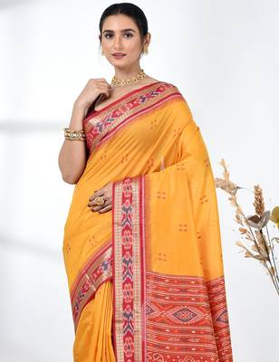 elegant yellow tussar silk blend saree with sambhal puri ikat border 5