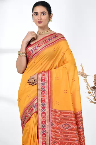 elegant yellow tussar silk blend saree with sambhal puri ikat border