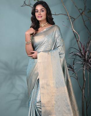 exquisite sky blue tissue brocade saree with intricate zari work 5