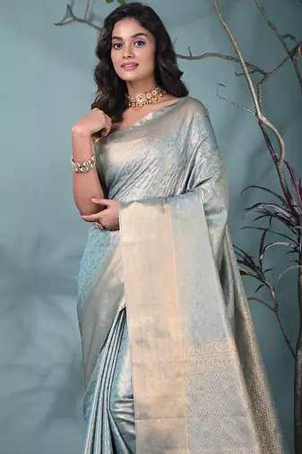 exquisite sky blue tissue brocade saree with intricate zari work