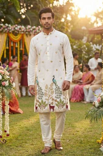 Men’s pure silk off-white kurta with thread & sequins work and cotton pyjama