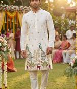 Men’s pure silk off-white kurta with thread & sequins work and cotton pyjama