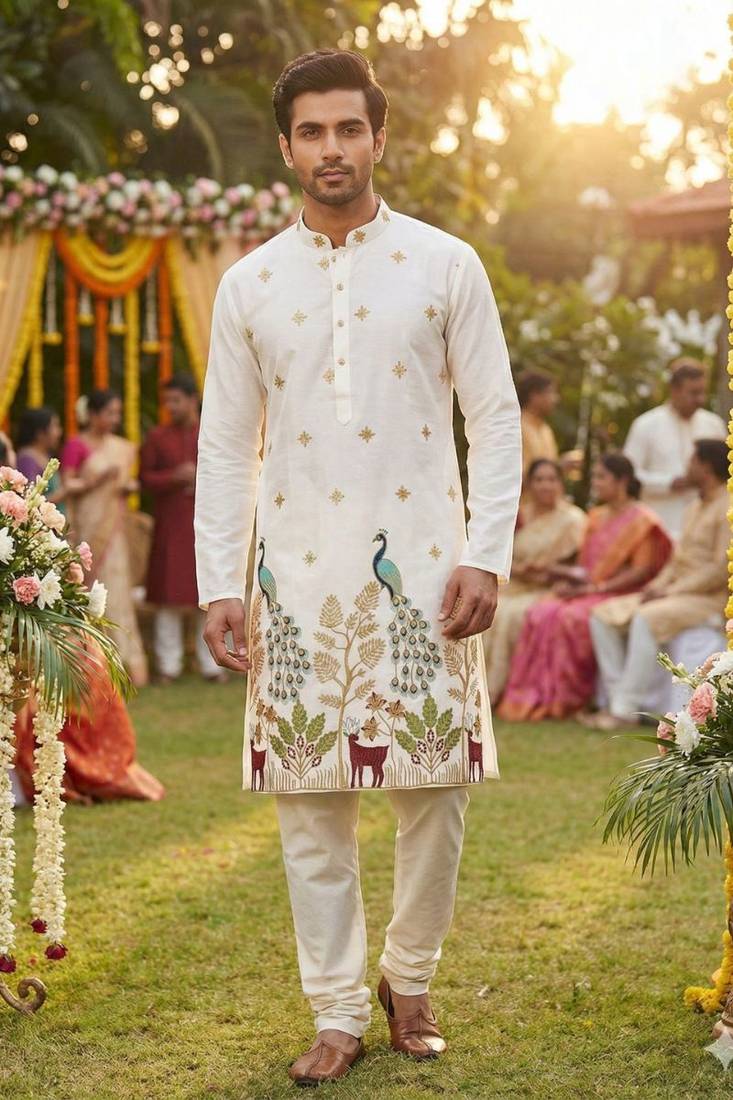 Men’s pure silk off-white kurta with thread & sequins work and cotton pyjama