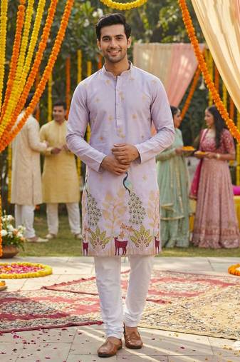 Men   s pure silk lavender kurta with thread & sequins work and cotton pyjama