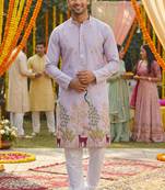 Men   s pure silk lavender kurta with thread & sequins work and cotton pyjama