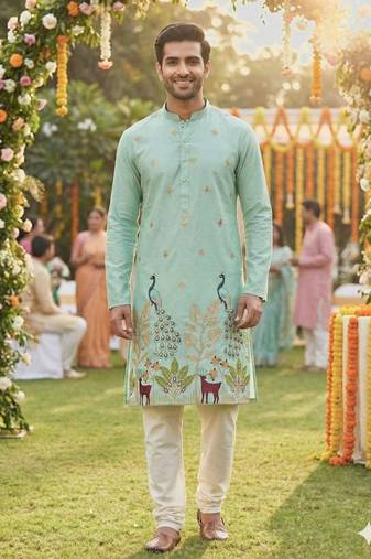 Men   s pure silk mint green kurta with thread & sequins work and cotton pyjama