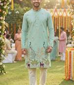 Men   s pure silk mint green kurta with thread & sequins work and cotton pyjama