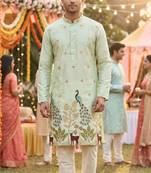 Men   s pure silk pista green kurta with thread & sequins work and cotton pyjama