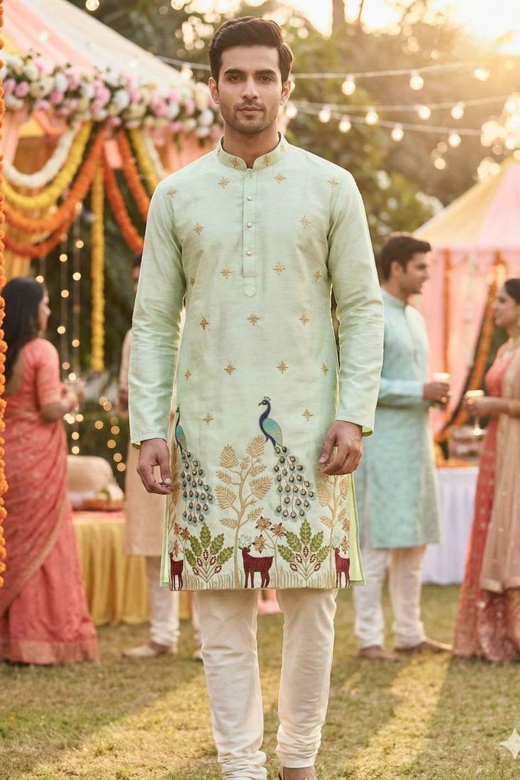 Men   s pure silk pista green kurta with thread & sequins work and cotton pyjama