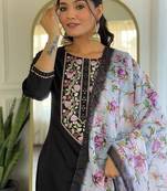 Women's Black Rayon Embroidered Straight Kurta With Pant And Dupatta Sets