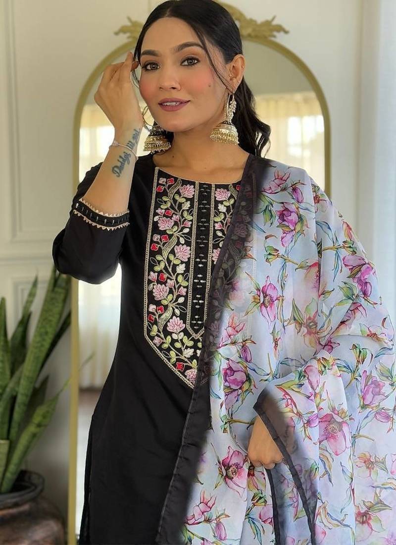 Women's Black Rayon Embroidered Straight Kurta With Pant And Dupatta Sets