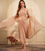 beige crepe drape skirt set with heavy hand embroidery