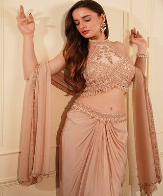 beige crepe drape skirt set with heavy hand embroidery 2