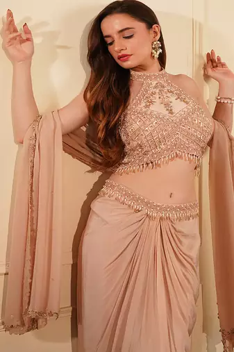 beige crepe drape skirt set with heavy hand embroidery