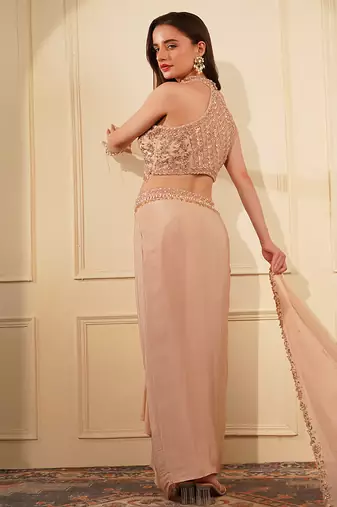 beige crepe drape skirt set with heavy hand embroidery