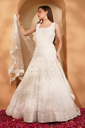 White double net heavy beadwork gown with dupatta