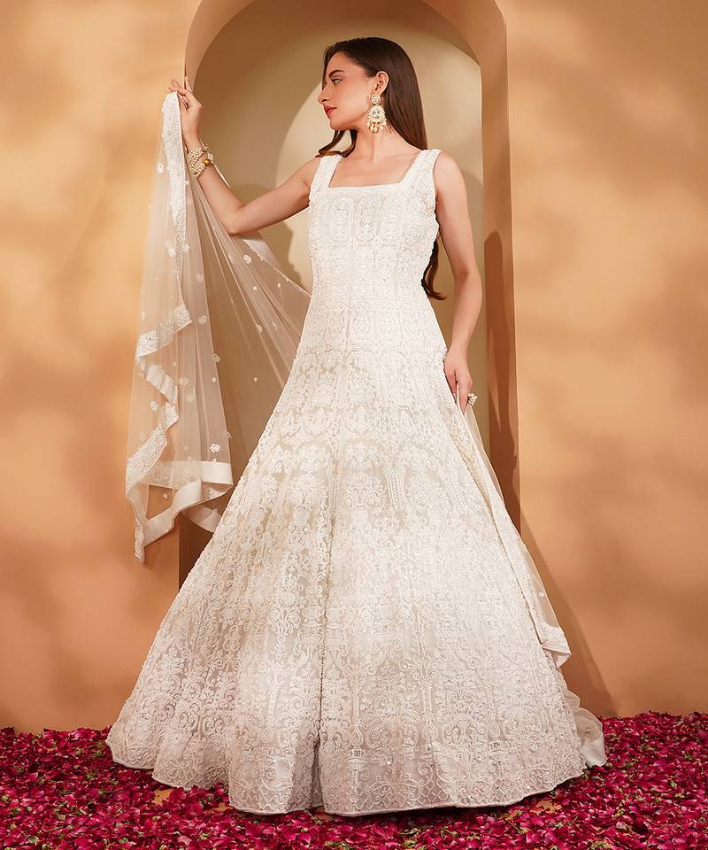White double net heavy beadwork gown with dupatta