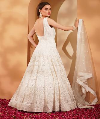white double net heavy beadwork gown with dupatta 2