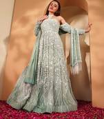 teal georgette gown with dupatta and white sequin work