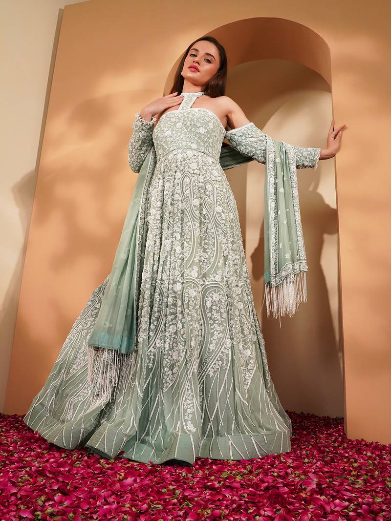 teal georgette gown with dupatta and white sequin work
