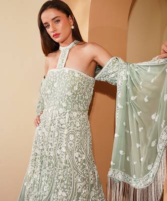 teal georgette gown with dupatta and white sequin work 2