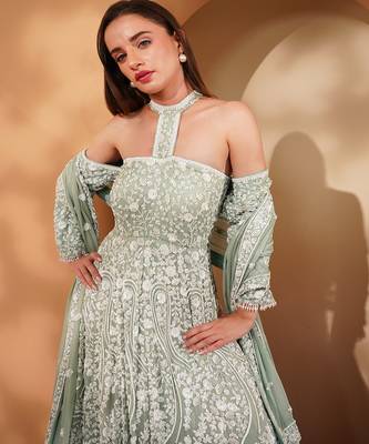 teal georgette gown with dupatta and white sequin work 3