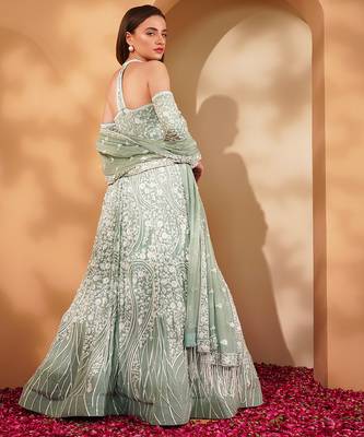 teal georgette gown with dupatta and white sequin work 4