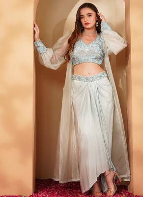 powder blue crepe drape skirt set with hand embroidery 1