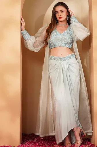 Powder blue crepe drape skirt set with hand embroidered blouse with belt and cuff