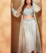 powder blue crepe drape skirt set with hand embroidery