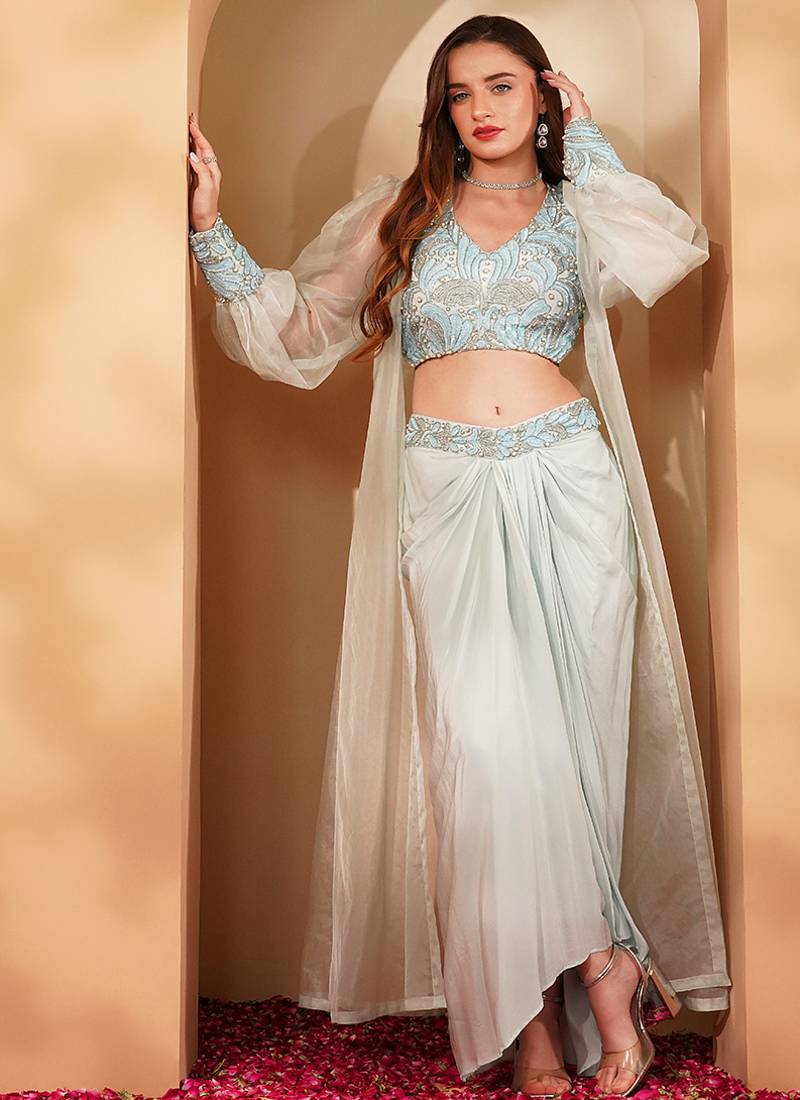powder blue crepe drape skirt set with hand embroidery