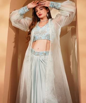 powder blue crepe drape skirt set with hand embroidery 2