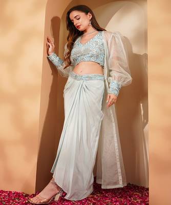 powder blue crepe drape skirt set with hand embroidery 3