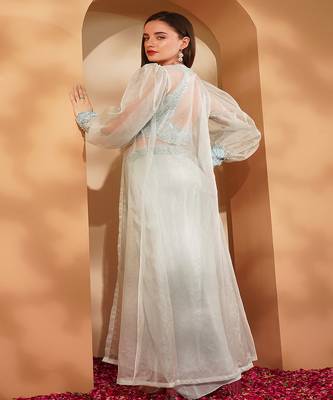 powder blue crepe drape skirt set with hand embroidery 4