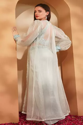 powder blue crepe drape skirt set with hand embroidery