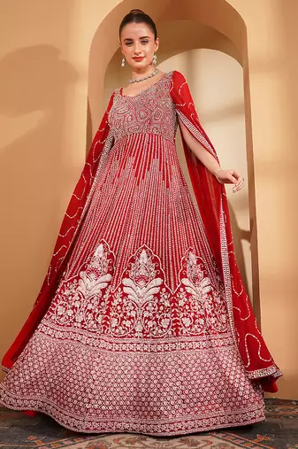 Red georgette long sleeve gown with white sequins and cutdana handwork