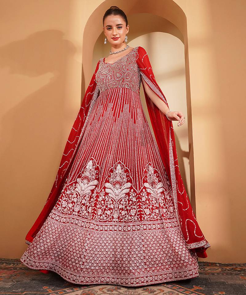 Red georgette long sleeve gown with white sequins and cutdana handwork