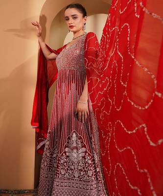 red georgette long sleeve gown with white sequin work 2